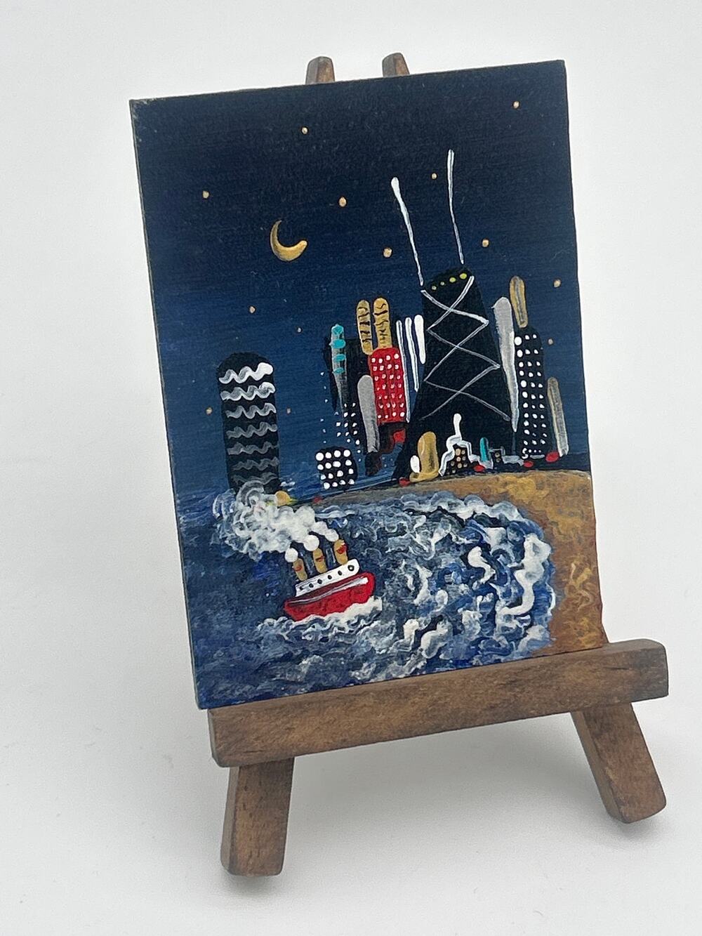 Miniature Chicago Skyline Painting Steamboat Folk Art w/ Easel Signed 2019